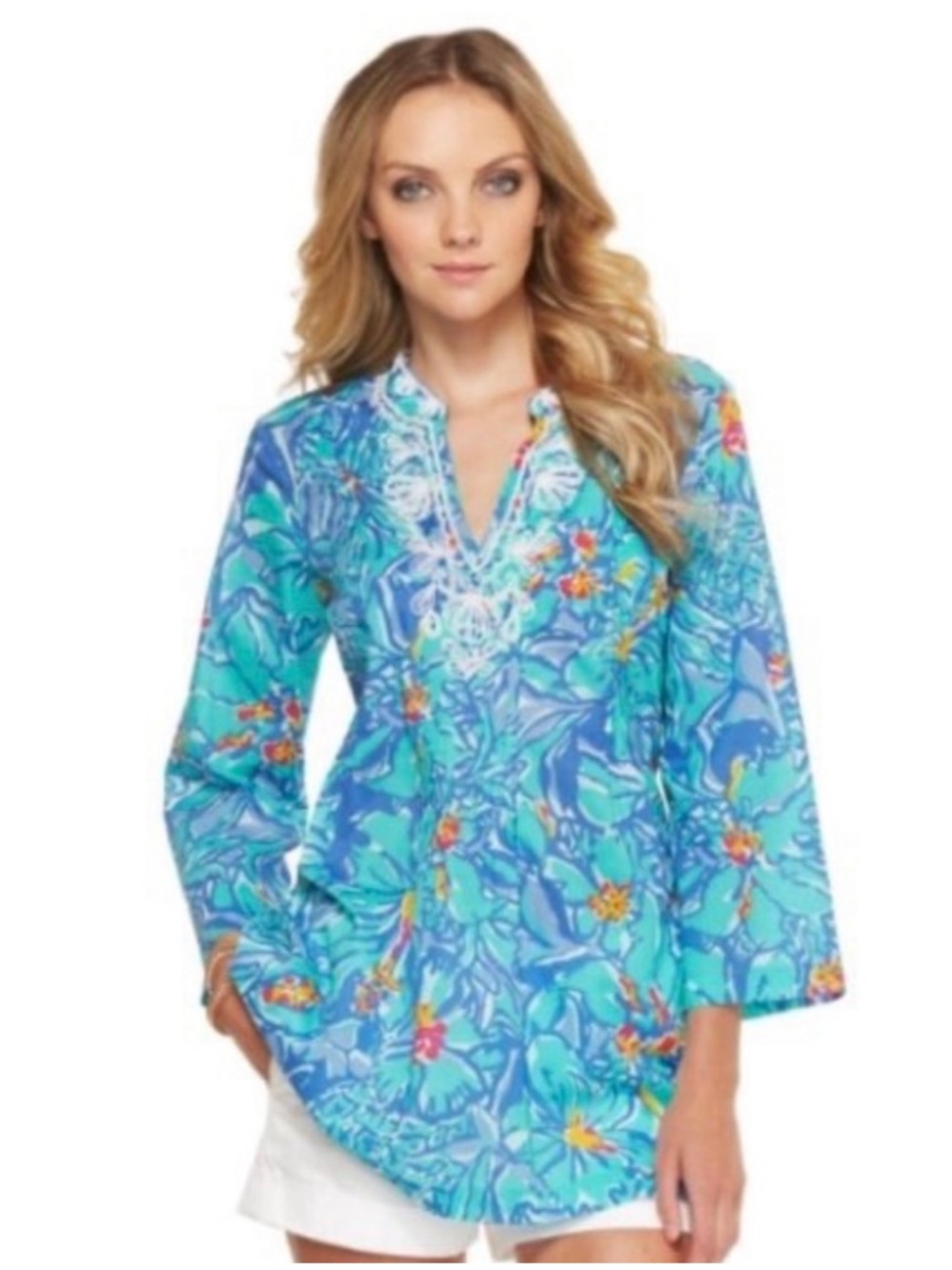 Lilly Pulitzer Blue Floral Pineapple Beaded Crochet Trim Tunic Dress XL Cotton